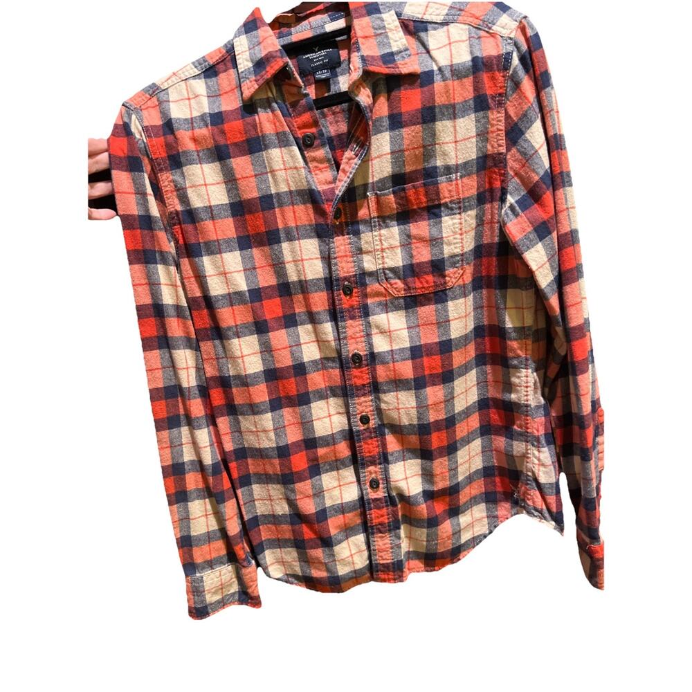 American Eagle Shirt Womens XS TP Button-Up Orange Plaid Logan Cotton
